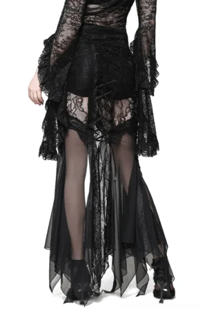 Victorian lace-up back corset closure on gothic high-low skirt back quarter view