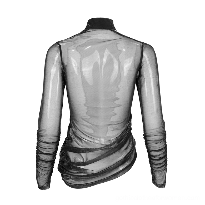 Black gothic mesh crop top with high-neck zipper collar on mannequin, back view showing ruched long sleeves