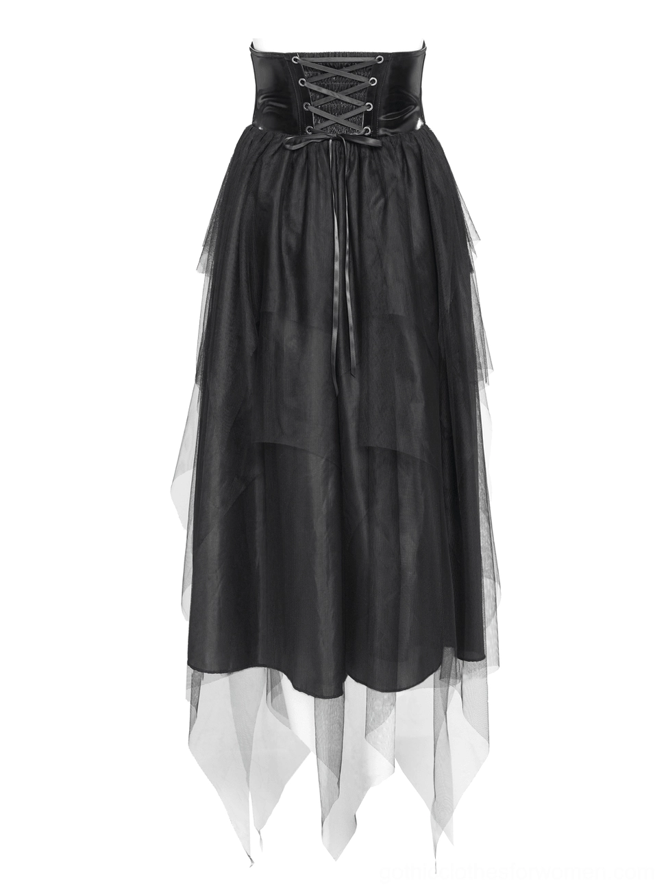 Black gothic high-waist corset maxi skirt front view showing lace-up waist and asymmetrical tulle hem
