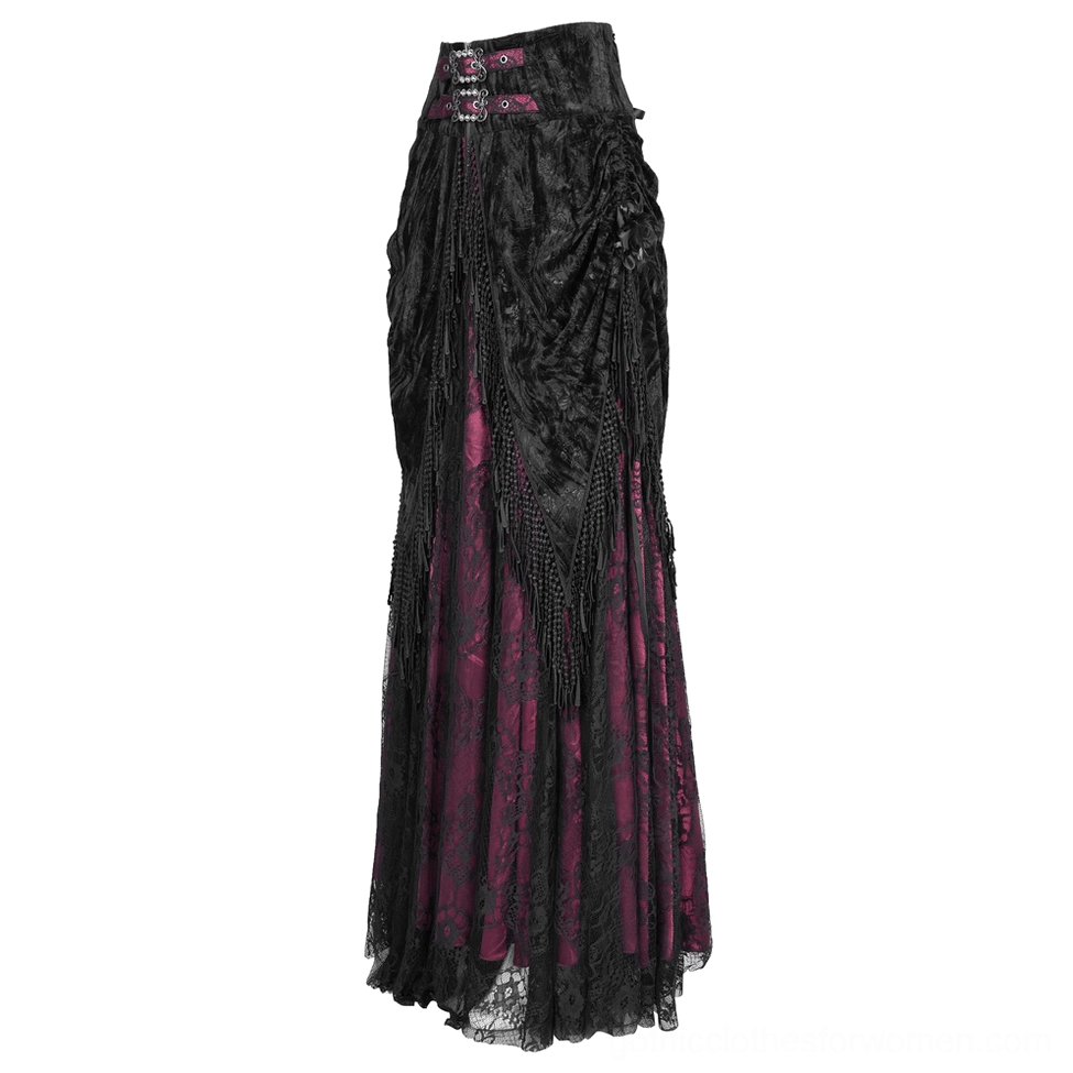 High-waisted gothic skirt side view highlighting asymmetric ruched lace panel, wine red lining, and chain tassel embellishments