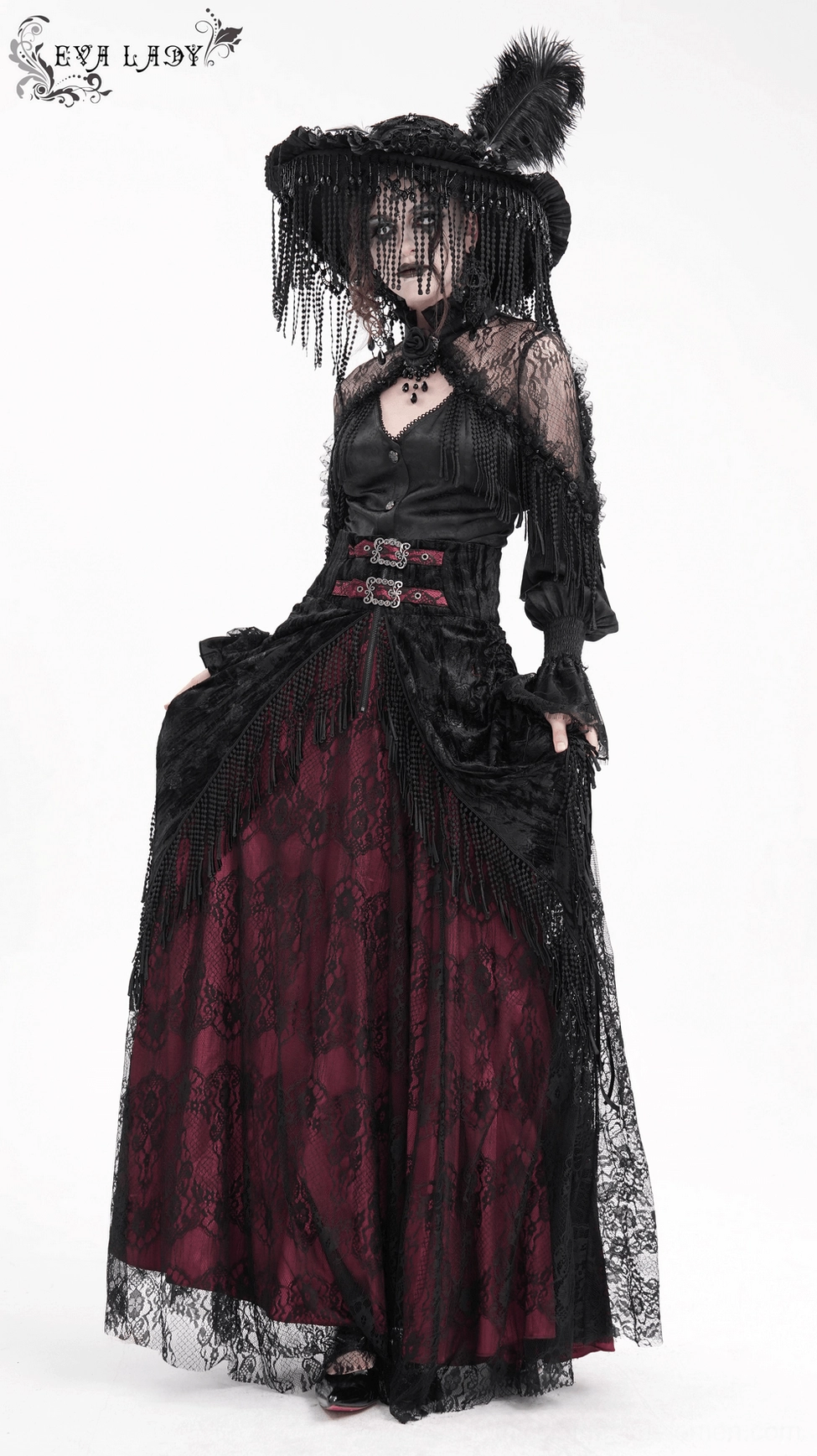 High-waist gothic skirt construction detail featuring buckle fastening system, elastic waistband support, and layered lace construction