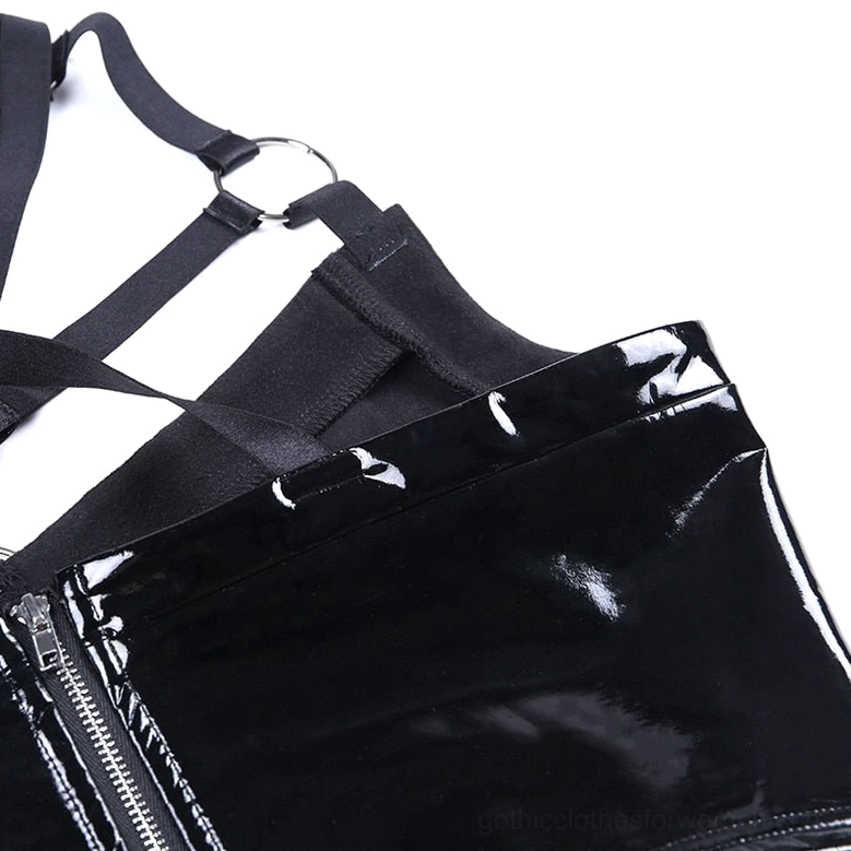 Black patent leather gothic harness crop cami with metal hardware and hollow out panel styling