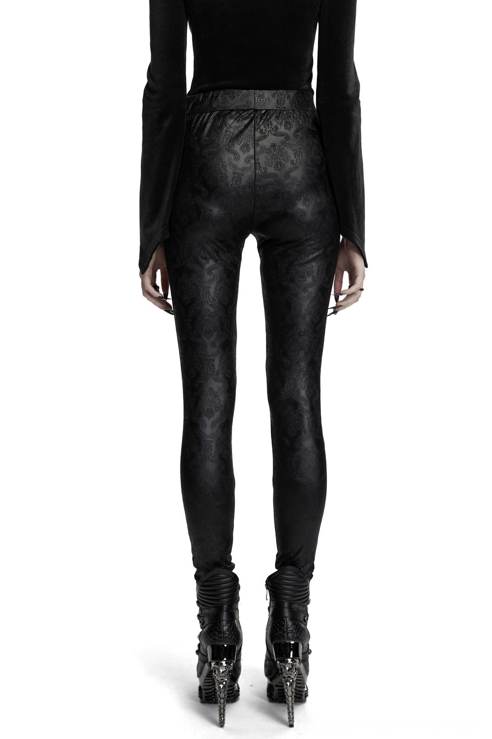 Gothic hollow out leggings with embossed paisley pattern, back view on model showing high-waisted silhouette