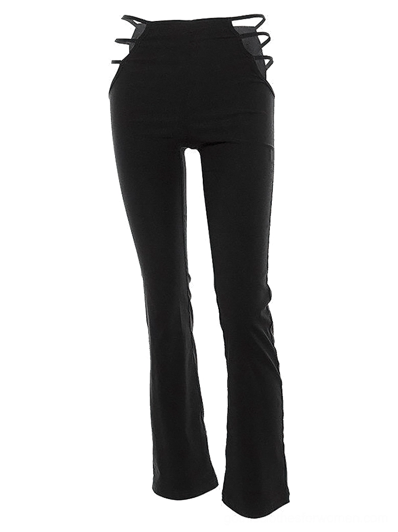 High-waisted slim gothic hollow-out pants flat lay showing multi-strap cutout waist construction