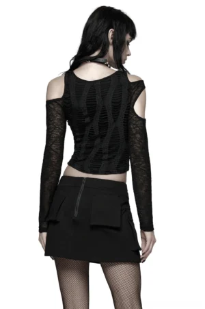 Gothic cold-shoulder crop top back view displaying wavy distressed texture, hollow lace sleeves, and exposed waist cutouts on female model