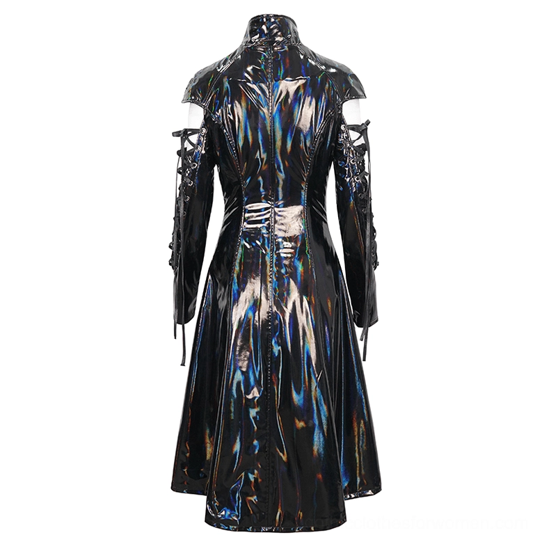 Women's gothic holographic patent leather coat full back view, tailored seams and lace-up sleeve details on dress form