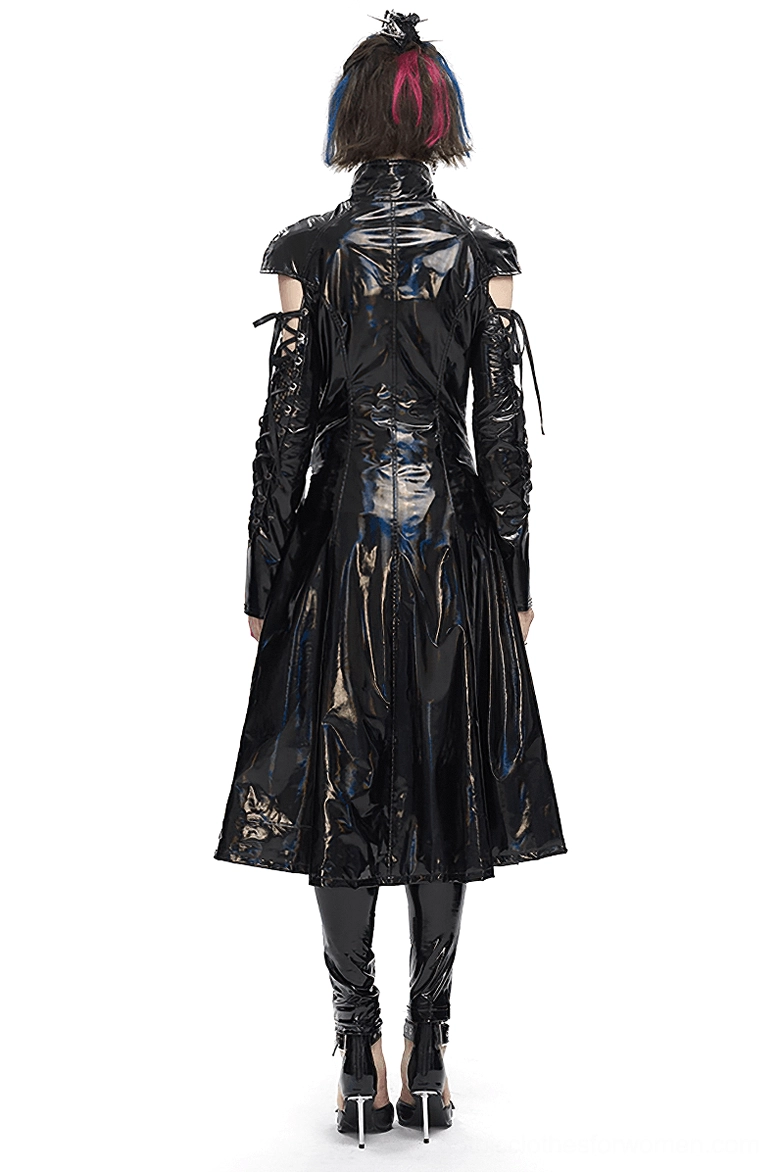 Black holographic patent leather gothic coat with cold shoulder cutouts and lace-up sleeves, full back view on model showing tailored silhouette
