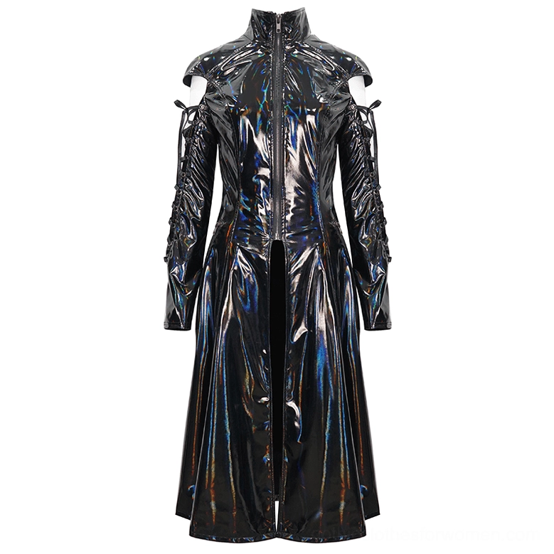 Holographic patent leather gothic coat with stand collar, open shoulder mesh panels and crisscross lace straps, front three-quarter flat lay