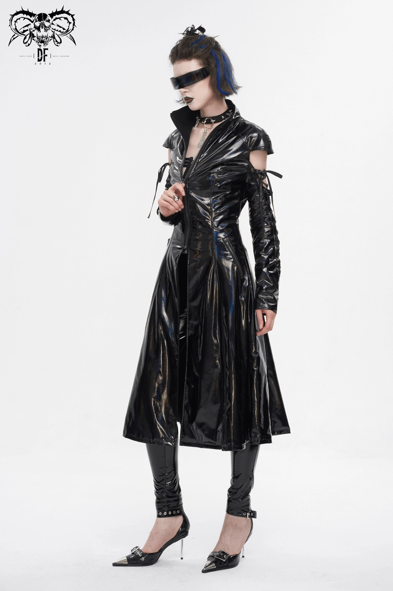 Women's gothic holographic coat with stand collar worn by alternative model, full length pose showing midi silhouette