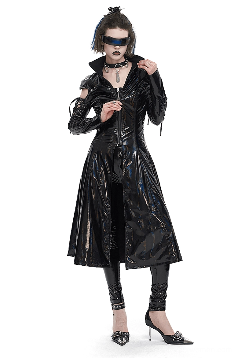 Women's holographic patent leather gothic coat with stand collar and lace-up cold shoulder sleeves, front three-quarter view on alternative model