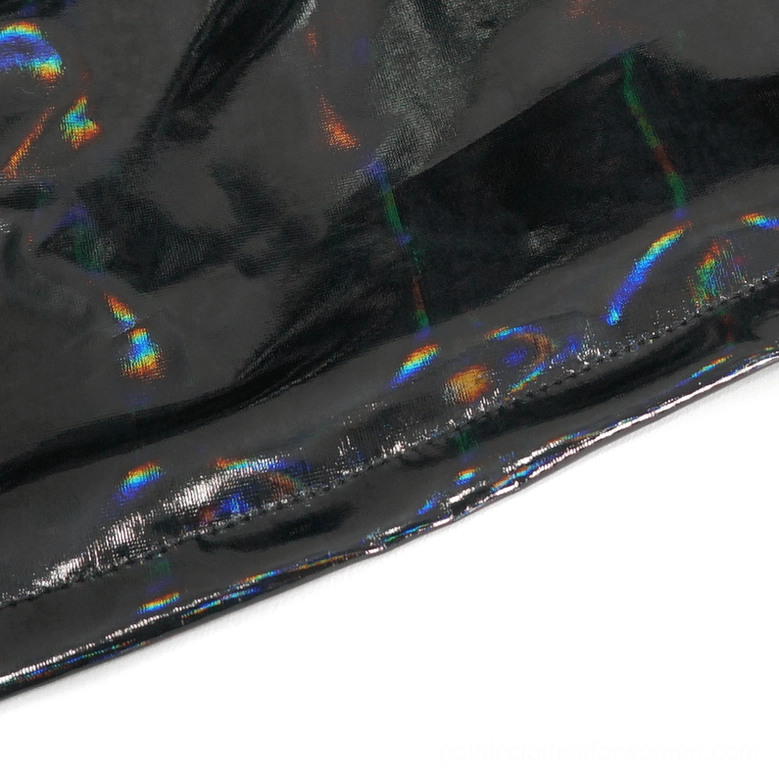 Women's black gothic holographic patent leather coat showcasing overall design with stand collar and cold shoulder construction