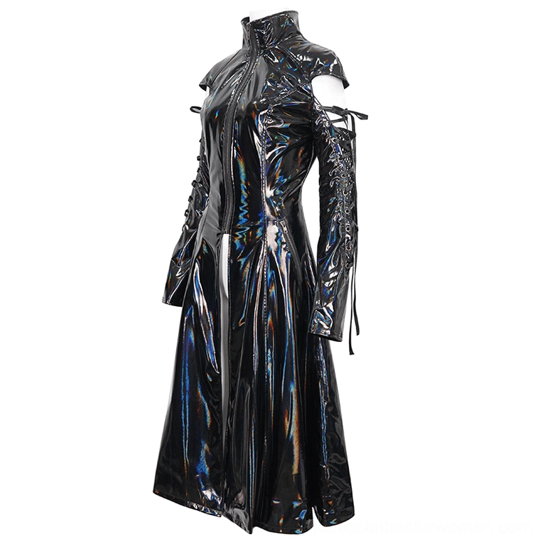 Black holographic patent leather gothic winter coat with iridescent finish, left side front view showing jacket structure