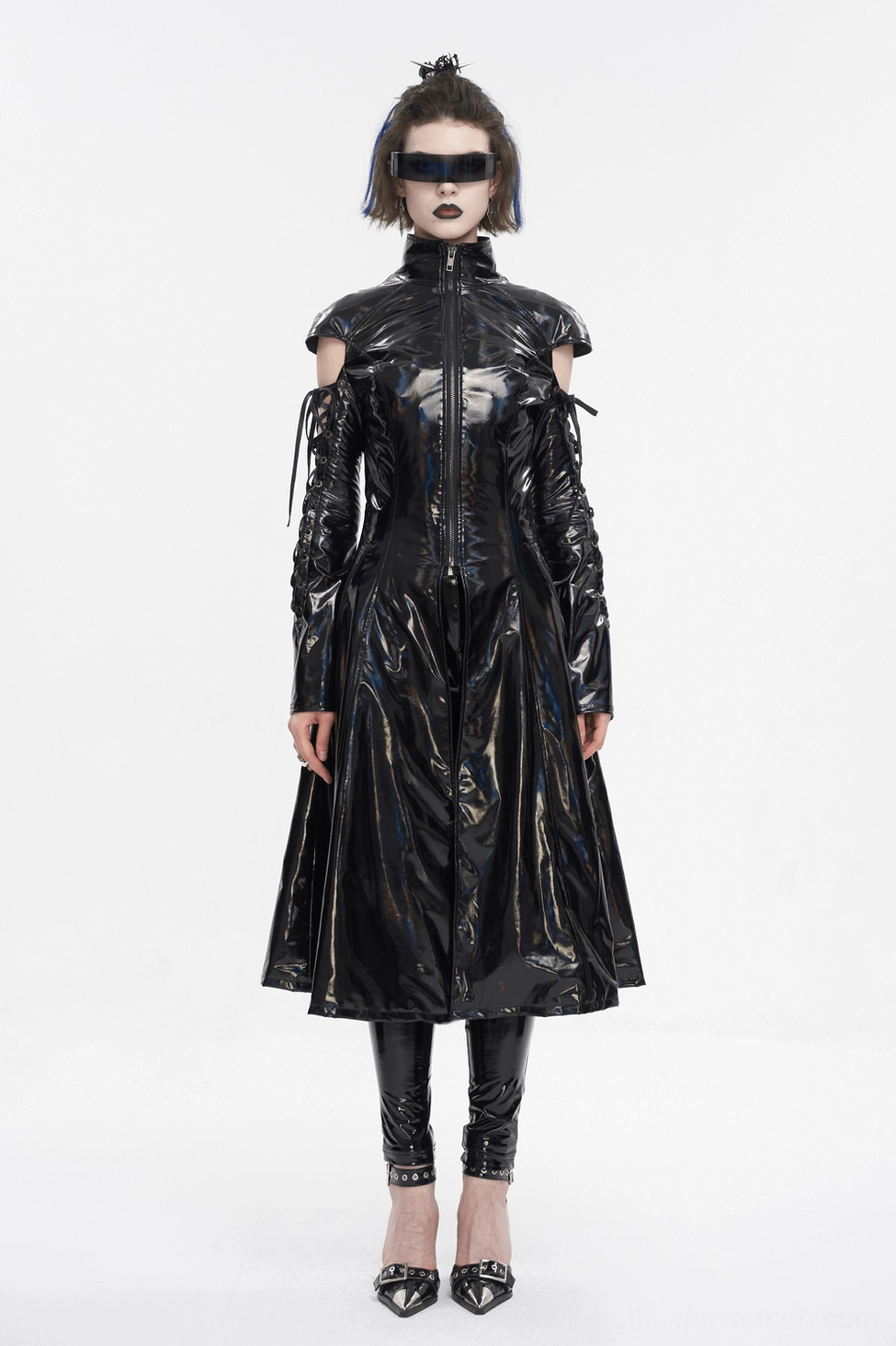 Gothic holographic patent leather coat on dress form, three-quarter angle showing lace details and tailored construction