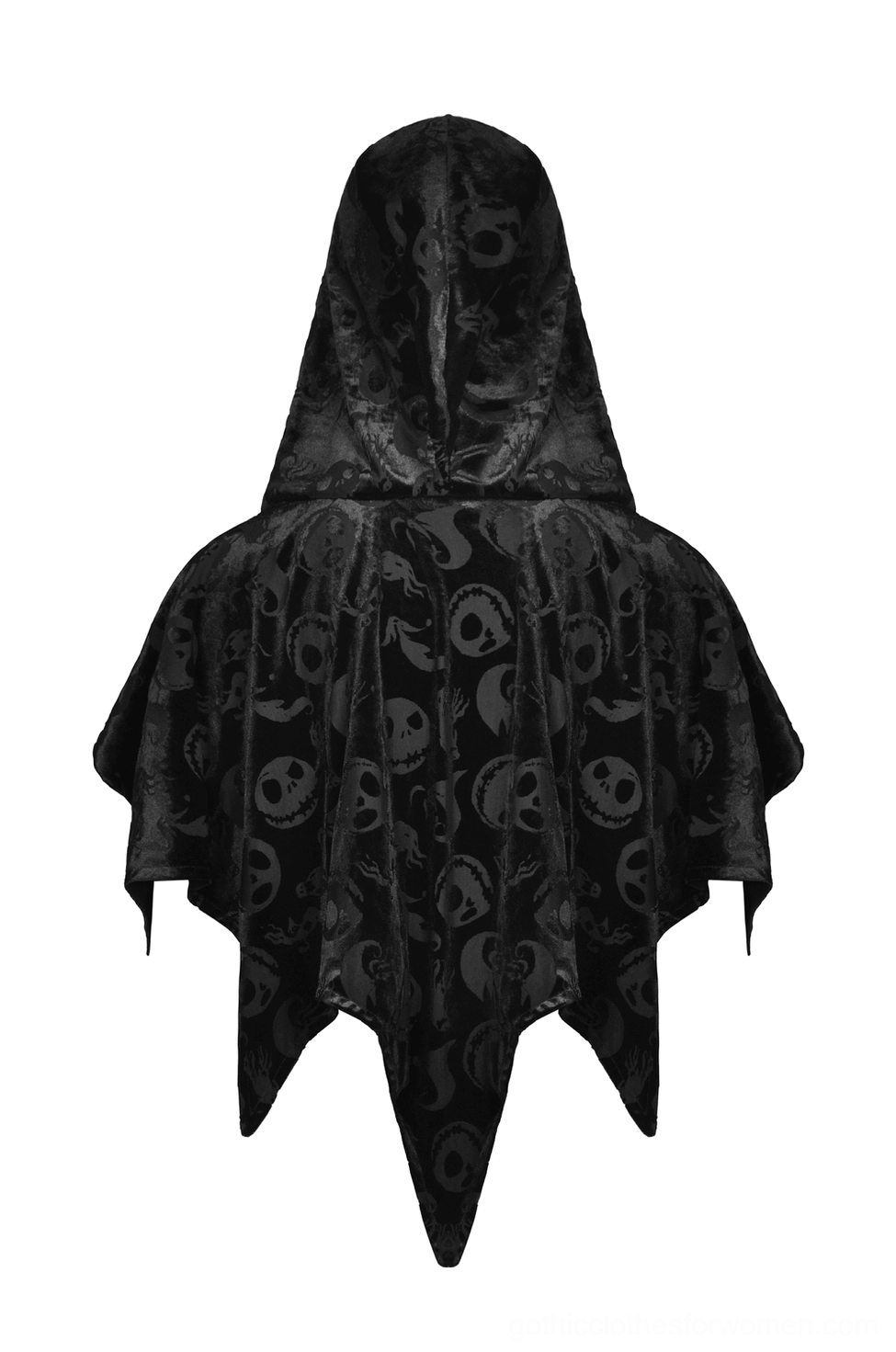 Black velvet hooded cape back flat lay, full embossed skull print coverage, soft velvet fabric texture, gothic design