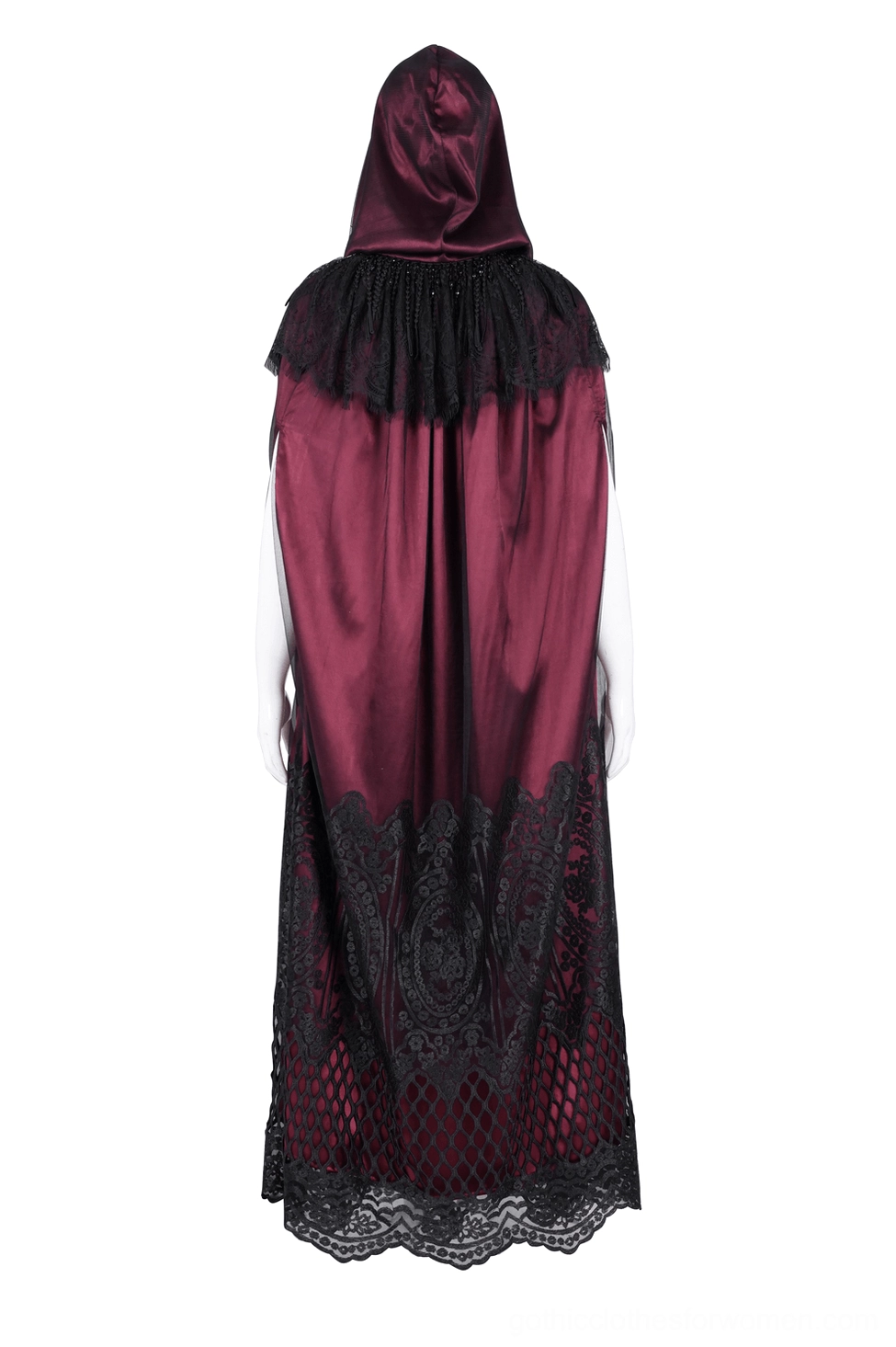 Full back view of sleeveless gothic hooded cape on mannequin, revealing lace-trimmed hood collar and embroidered black lace hem