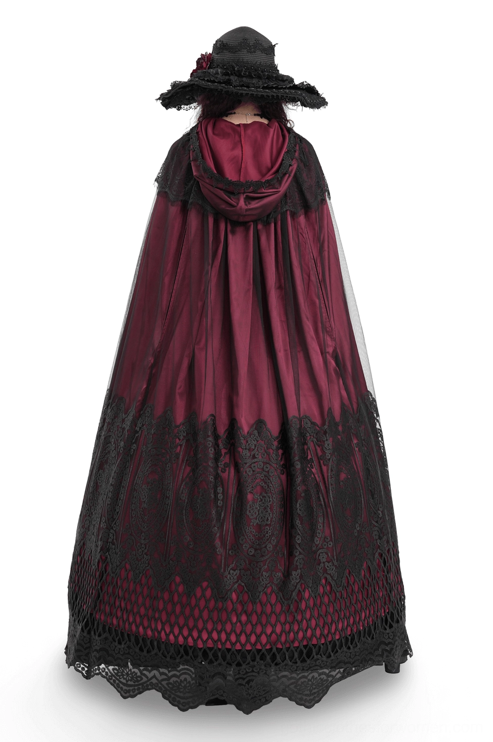 Full back view of floor-length gothic hooded cape with black lace hem and hood trim, displaying elegant wine red satin drape