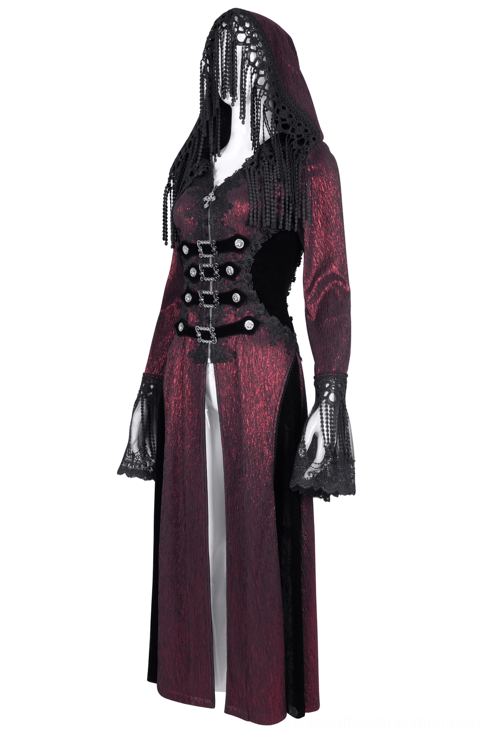 Beaded tassel hooded gothic cape with lace-trimmed cuffs, three-quarter front view