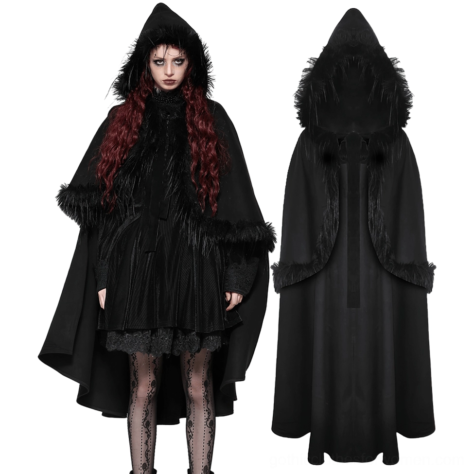 Black hooded gothic cape front display with faux fur trim and rope tie closure