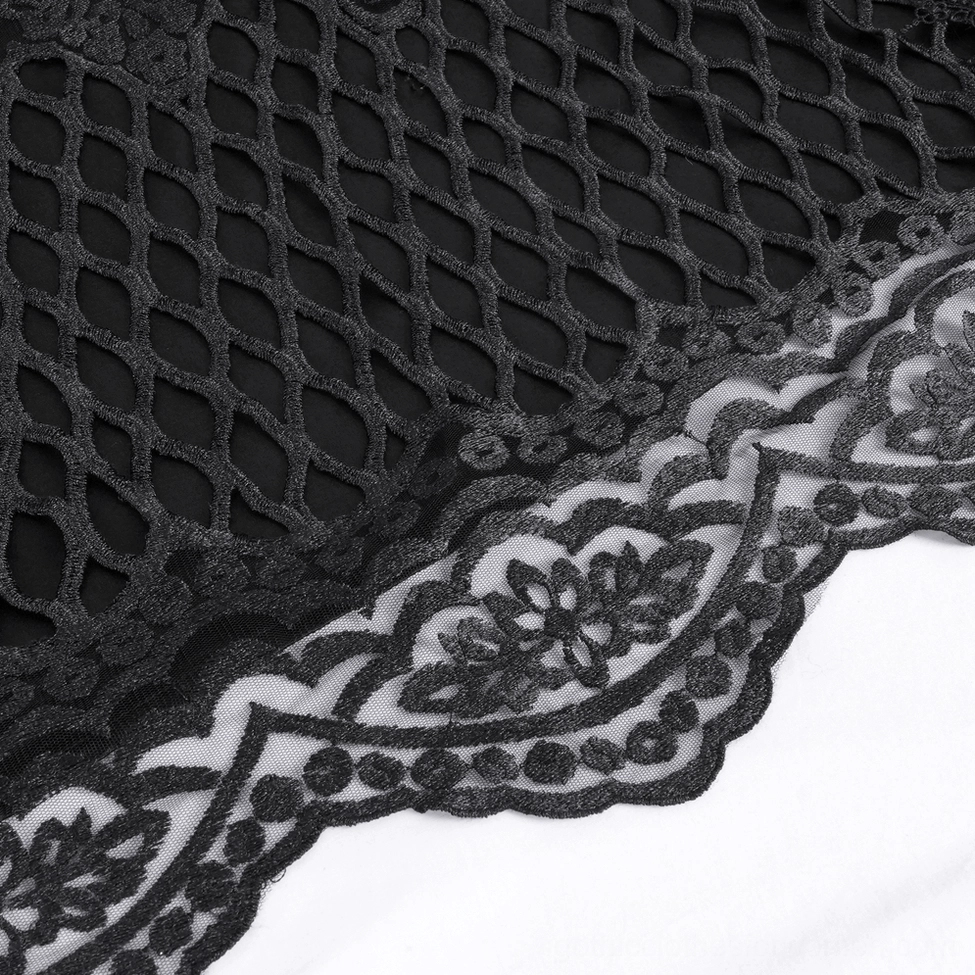 Detailed view of black hooded gothic cape showing lace embroidery construction and mesh panel integration