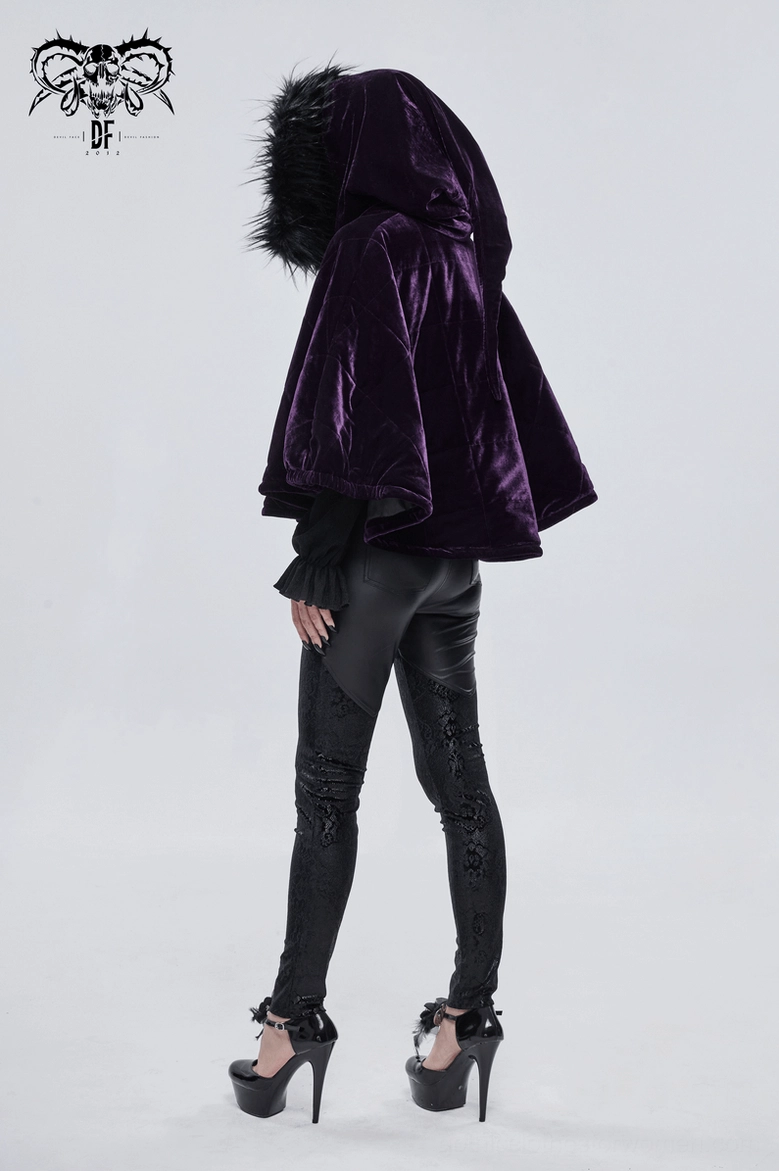 Gothic hooded velvet cape featuring faux fur trim, quilted fabric, and moon zipper detail