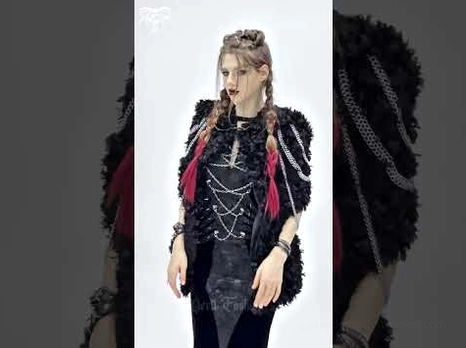Gothic black faux fur hooded cape with silver chains, multi-view styling display