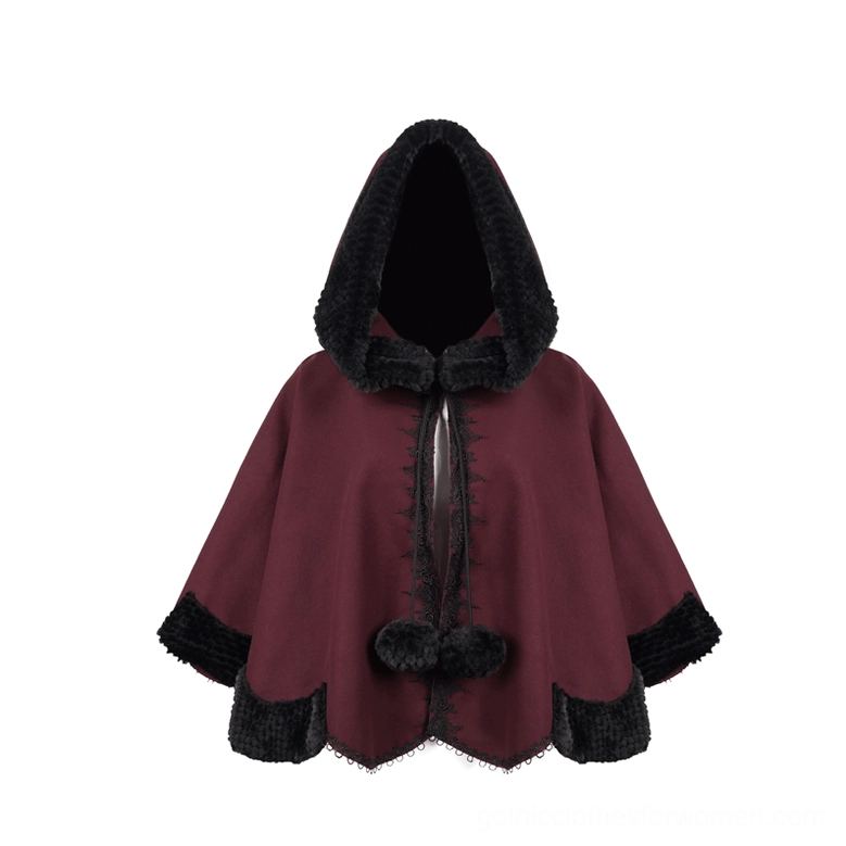 Red gothic short cape flat lay front view with black fur hood trim and dual pom-pom fasteners