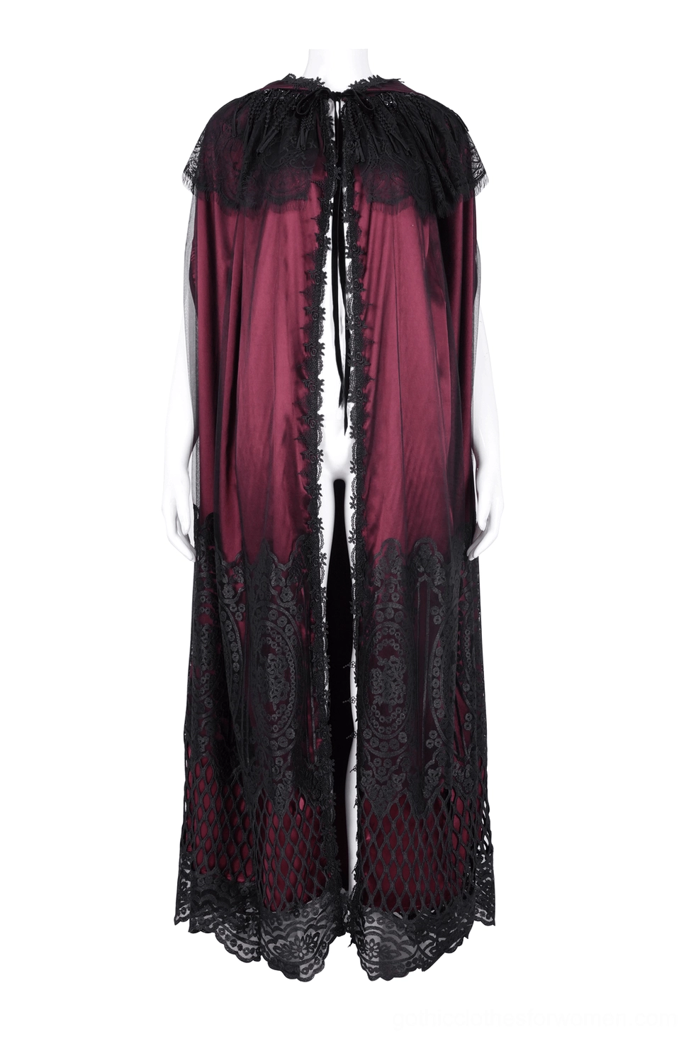 Front view of floor-length sleeveless gothic hooded cape in wine red satin with black lace hem trim for dramatic gothic aesthetic