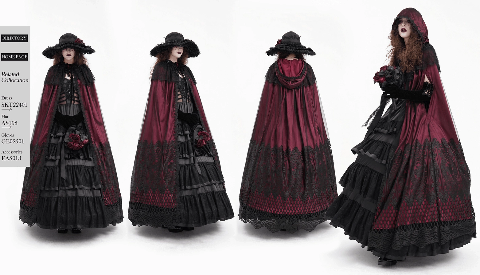 Gothic hooded cape front presentation view displaying wine red satin base with intricate black lace embellishment throughout