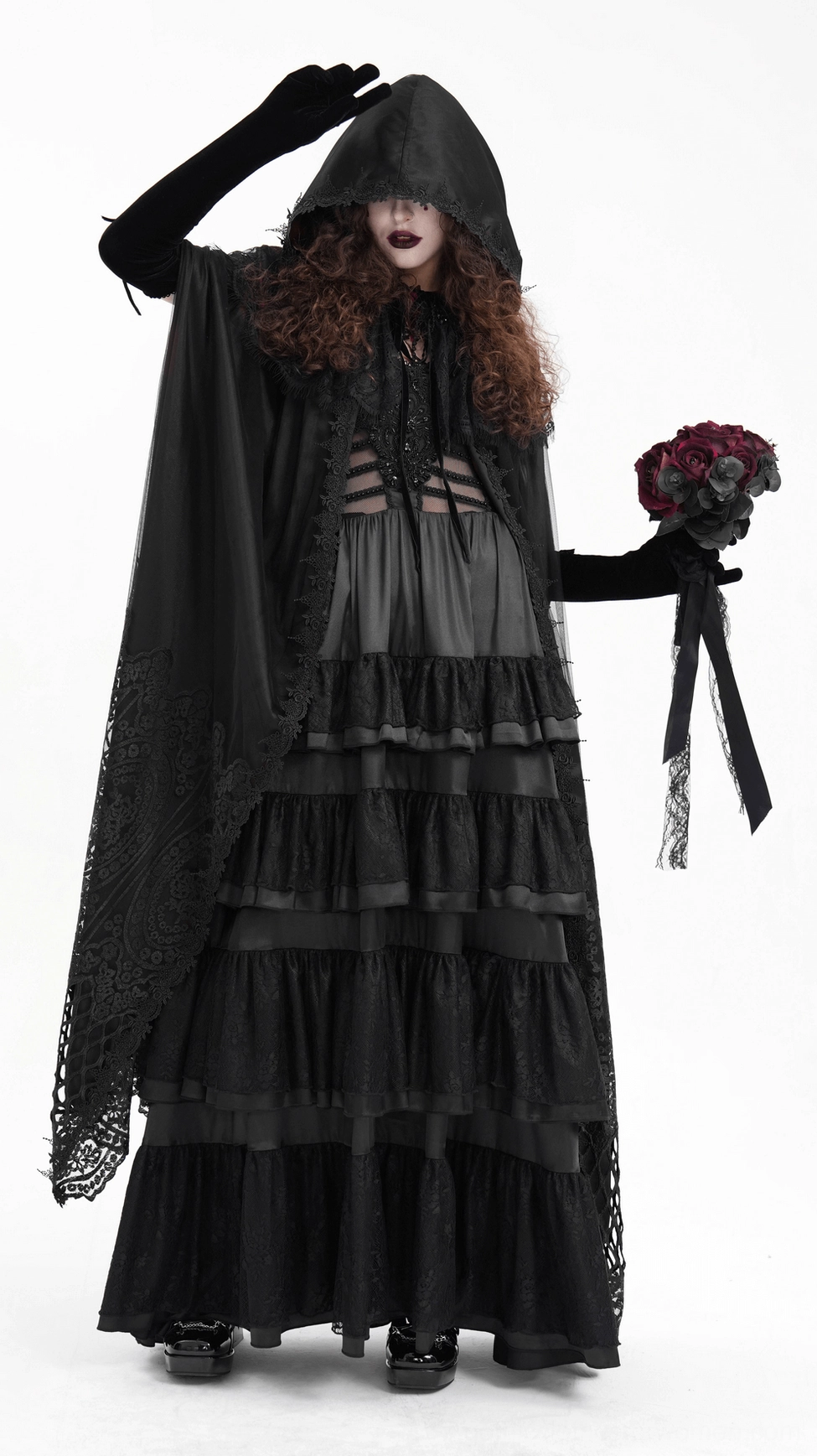 Studio view of floor-length hooded gothic cape on mannequin showing front-facing lace and mesh construction details