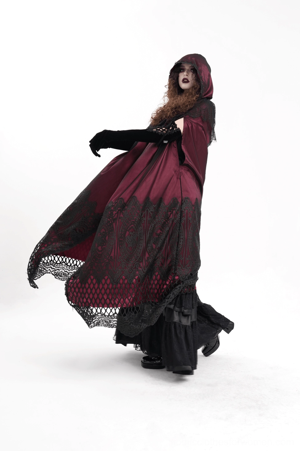 Complete gothic hooded cape full-length view highlighting the floor-length design and attached hood for cosplay occasions
