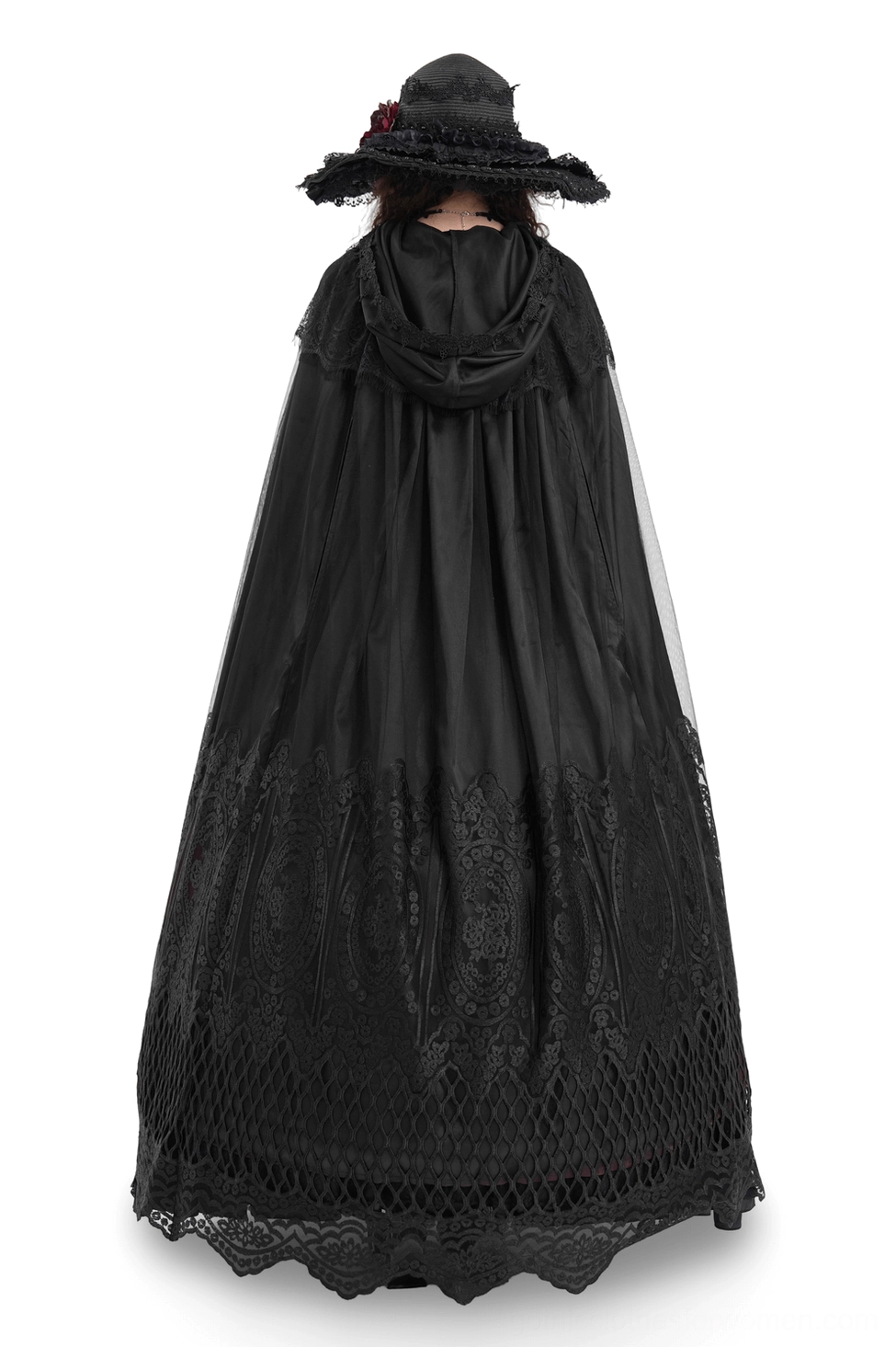 Back view of floor-length hooded gothic cape on mannequin displaying embroidered lace hem and sheer mesh overlay details