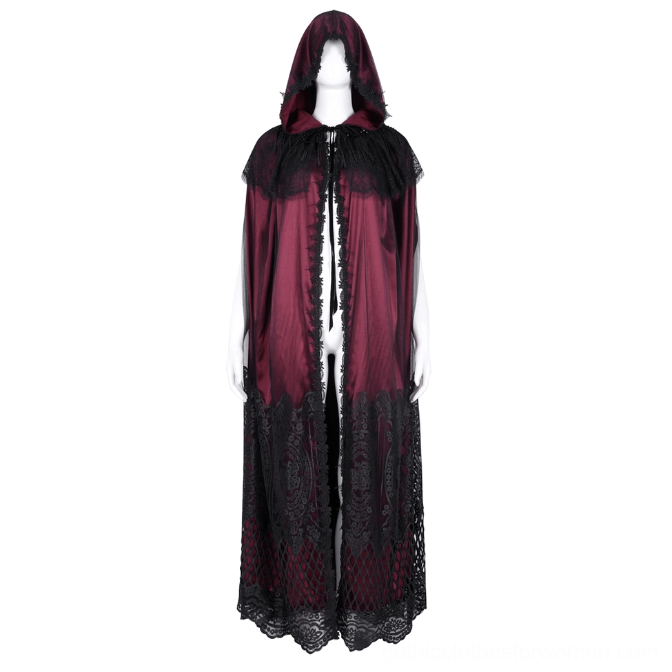 Mannequin display of gothic hooded cape featuring attached hood, black lace shoulder and hem trim on wine red satin base