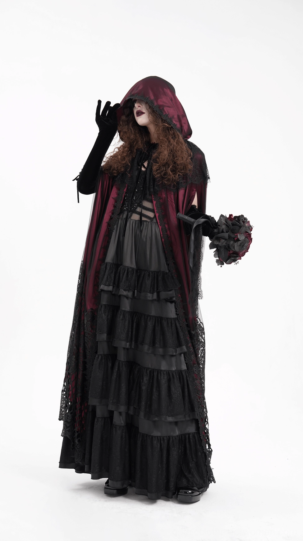 Gothic hooded cape flowing satin material in wine red with layered black lace hem for Victorian-inspired dark elegance