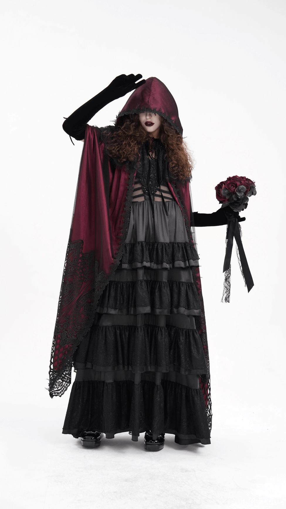 Gothic hooded cape side view showing attached hood structure and black lace trim along hood and cape edges
