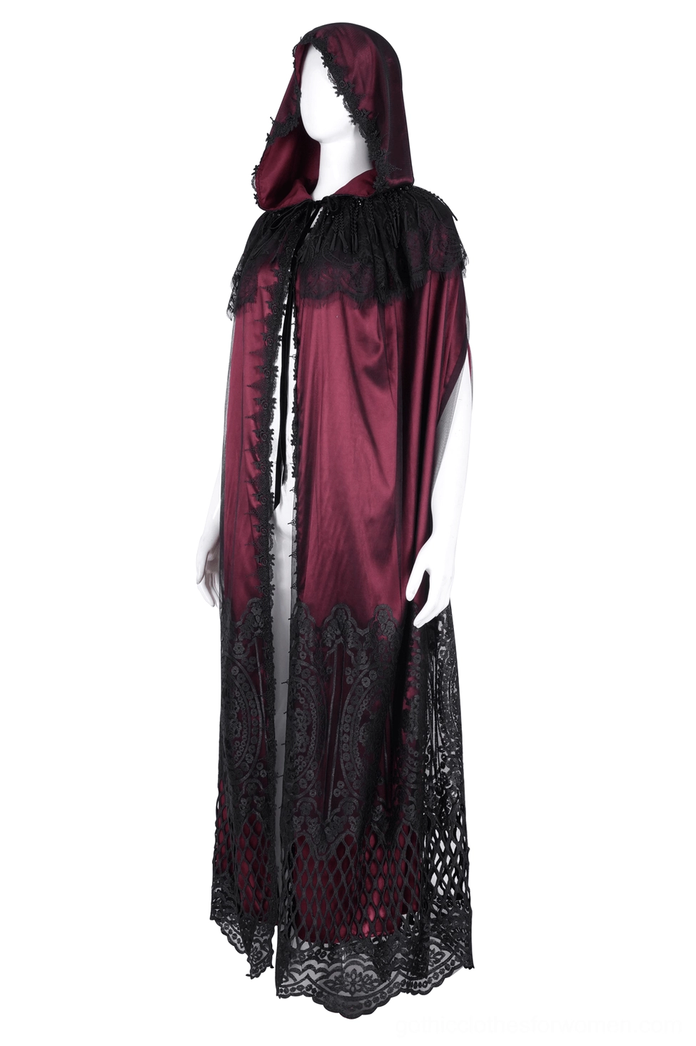 Three-quarter front view of sleeveless gothic hooded cape showing attached hood and black lace edge trim on wine red satin