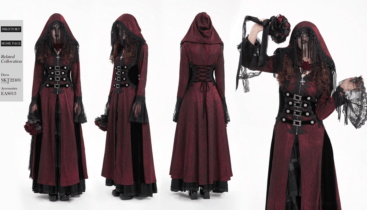 Vintage-inspired silver hardware and buckle details on gothic hooded cape