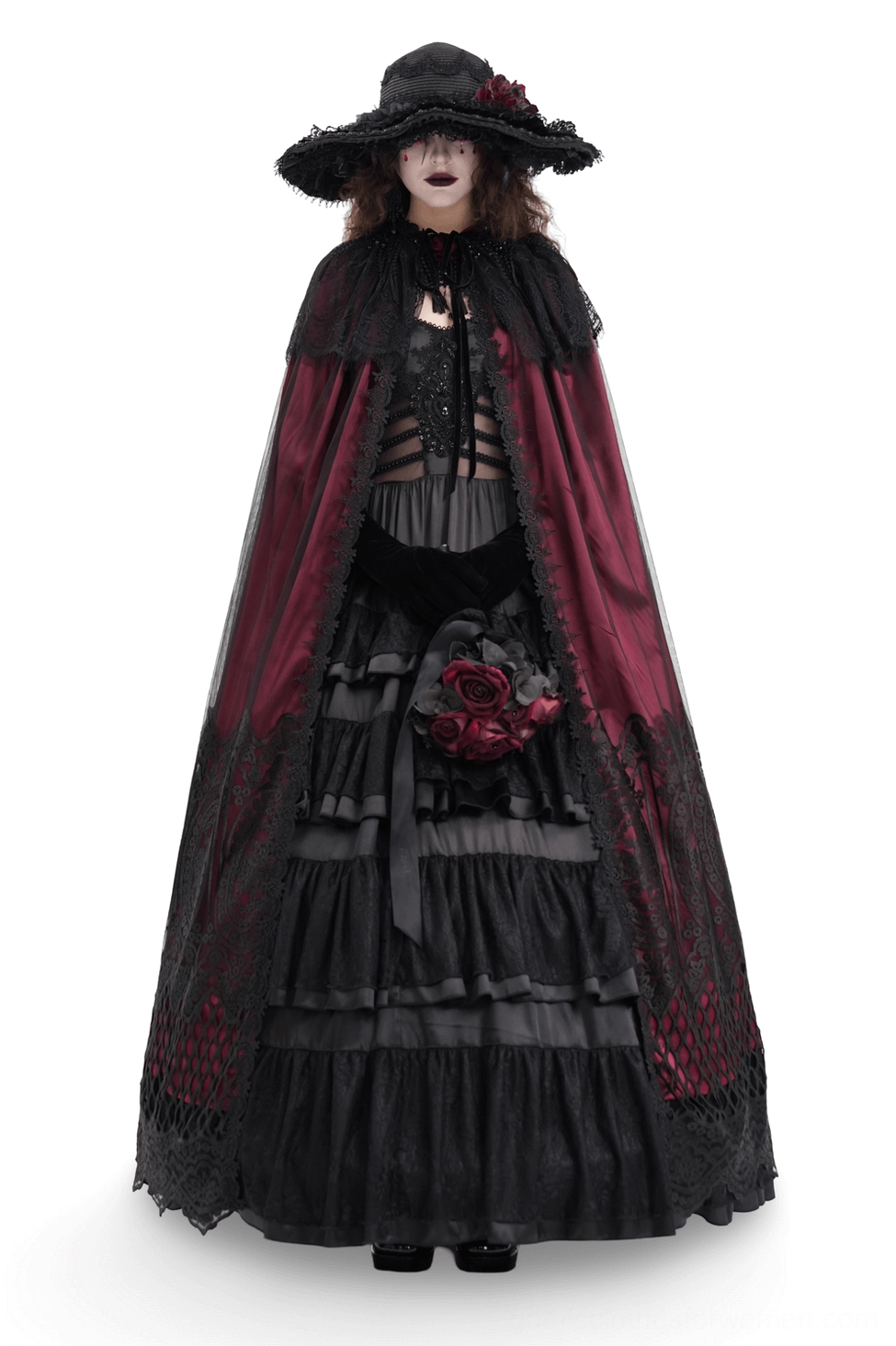 Wine red gothic hooded cape worn by model in front three-quarter view, featuring black lace trim and attached hood for dramatic cosplay styling