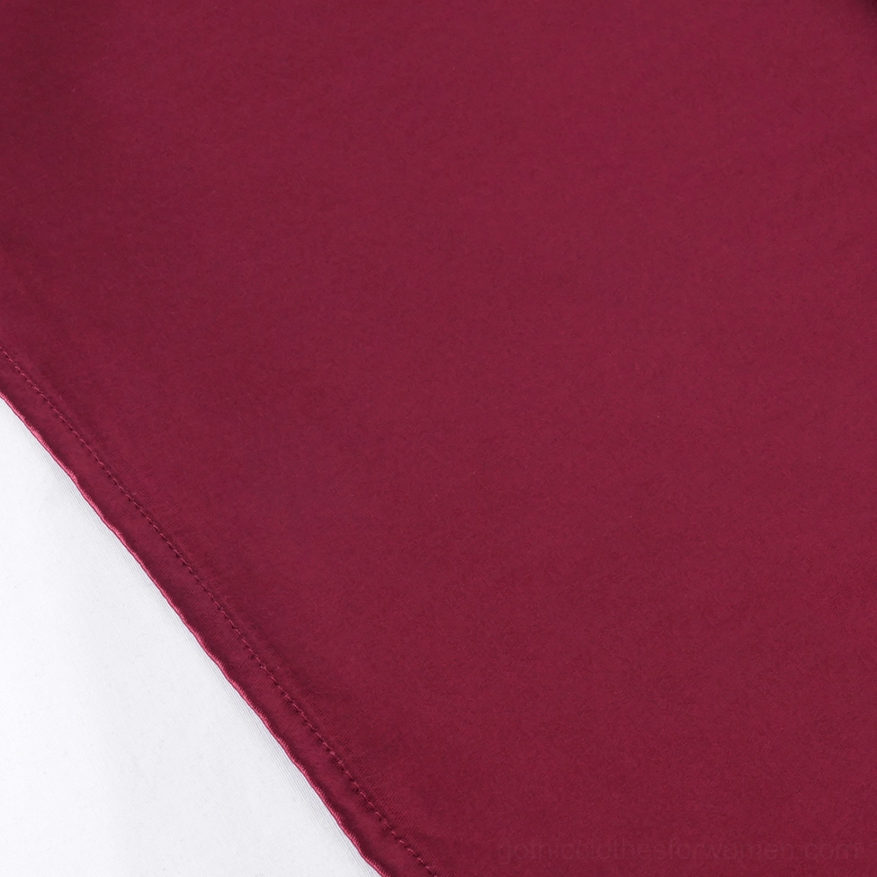 Wine red satin gothic hooded cape with contrasting black lace detailing visible throughout hood and hem construction