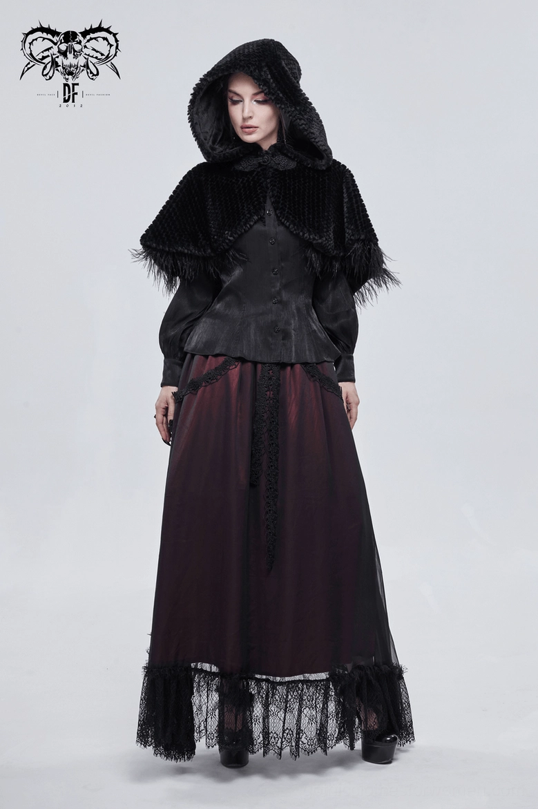 Gothic hooded capelet product image highlighting feathered edges and structured hood design for dark fashion