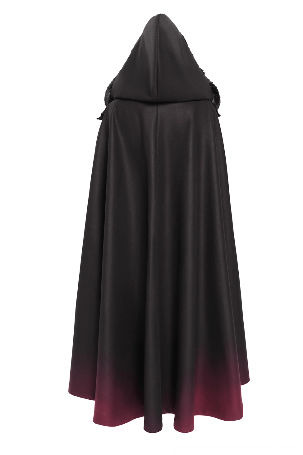 Gothic hooded cloak back view on mannequin with elegant hood silhouette and smooth dark fabric transitioning to wine red hem