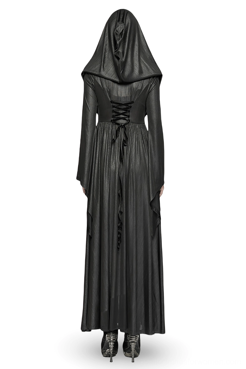 Gothic cloak coat back view showing lace-up corset detail and floor-length pleated jacquard skirt on display mannequin