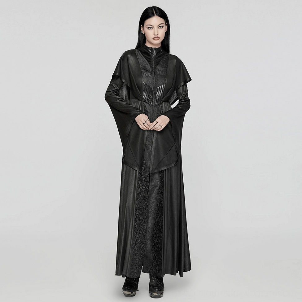 Gothic hooded cloak coat back detail view showcasing pleated construction and architectural fabric design on mannequin