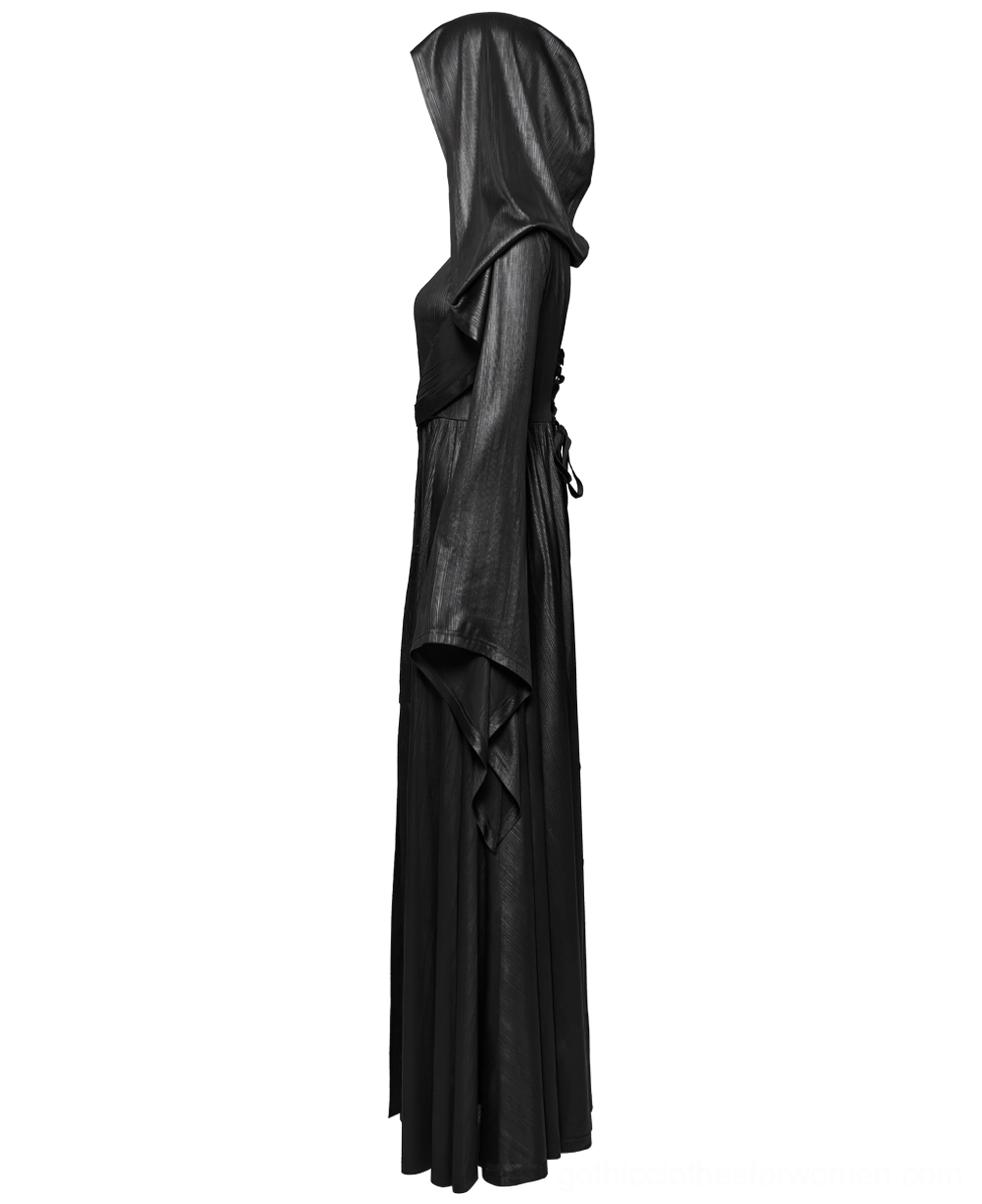 Gothic hooded cloak coat side view on mannequin showcasing draped hood and long sleeve silhouette