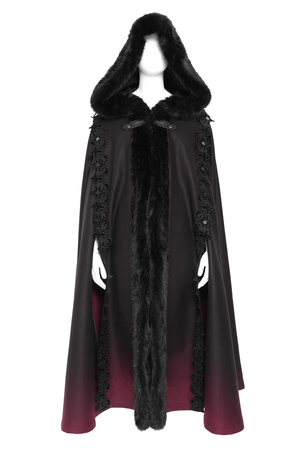 Gothic hooded cloak full front view on mannequin displaying hooded fur trim, shoulder lace appliqués, and full length