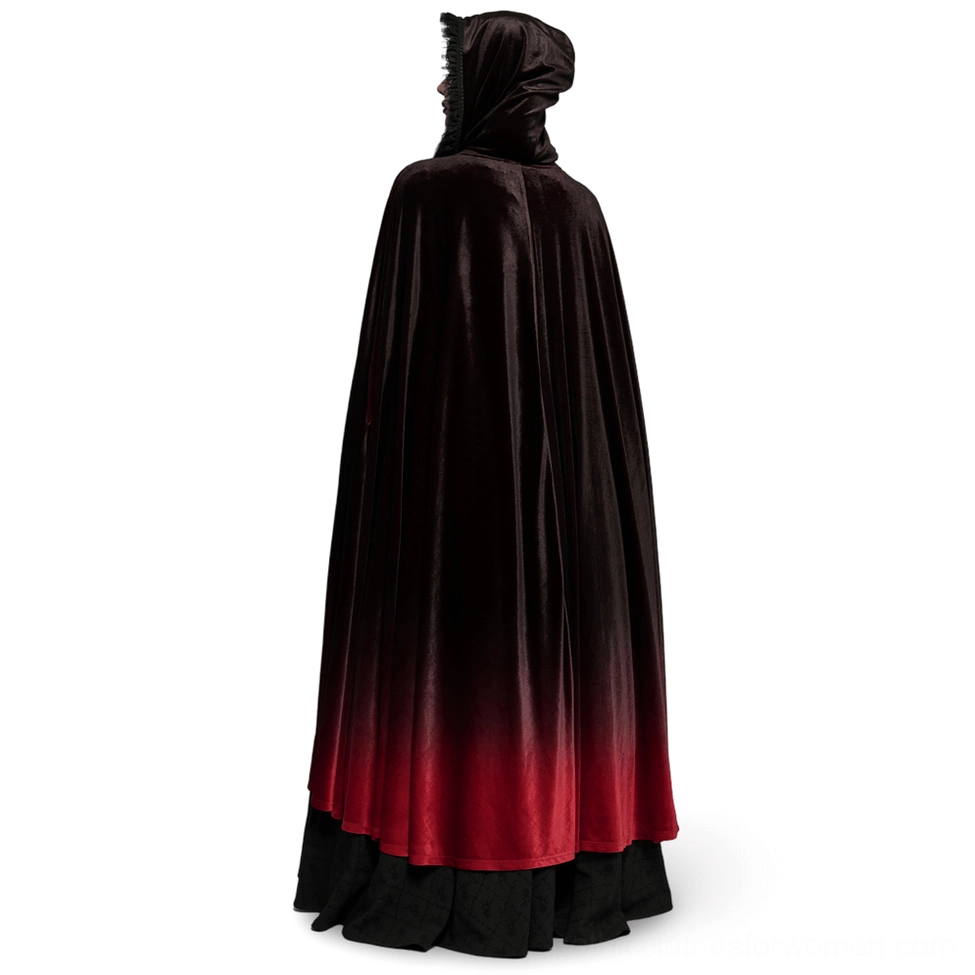 Full-length back view of black red gradient velvet gothic hooded cloak displaying smooth ombre finish and dramatic silhouette