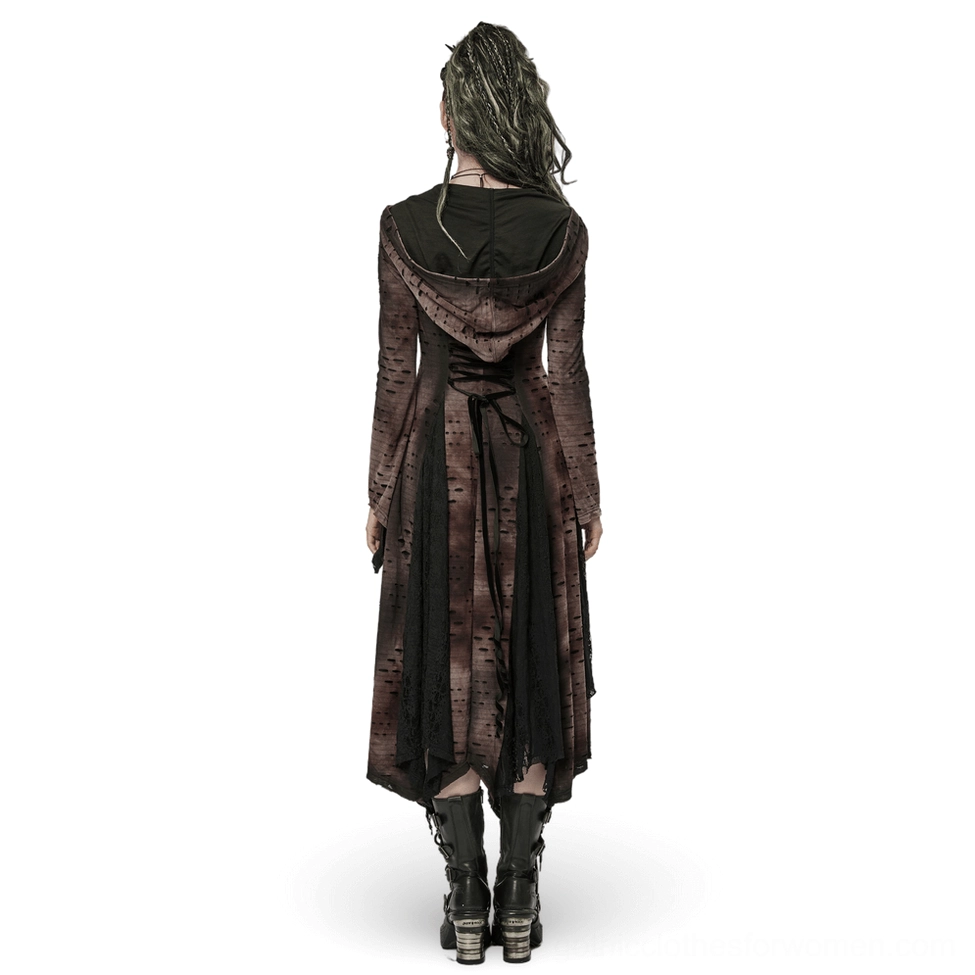 Gothic long coat back view displaying corset-style lace-up design, back velvet drawstring, and distressed fabric texture