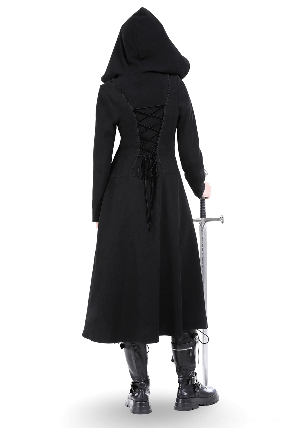 Back view of black gothic hooded coat featuring lace-up back closure and floor-length hemline