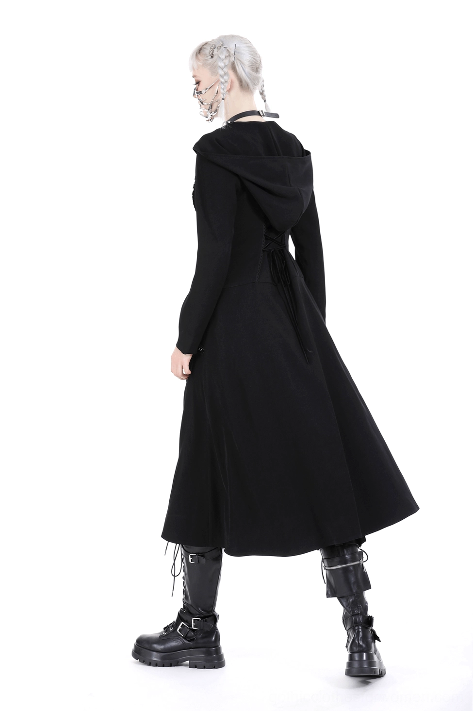 Black gothic hooded coat full-length view emphasizing floor-length hem and attached hood