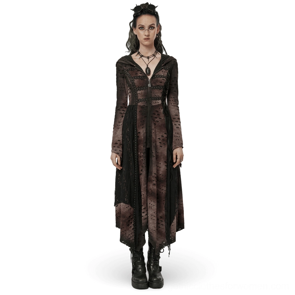 Distressed gothic hooded long coat front view on model, showing asymmetric hem, metal rivets, and oversized hood with irregular jagged hemline