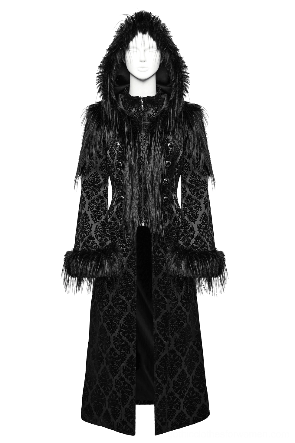 Gothic coat hooded detail on mannequin showcasing faux fur trim and ornate hood design
